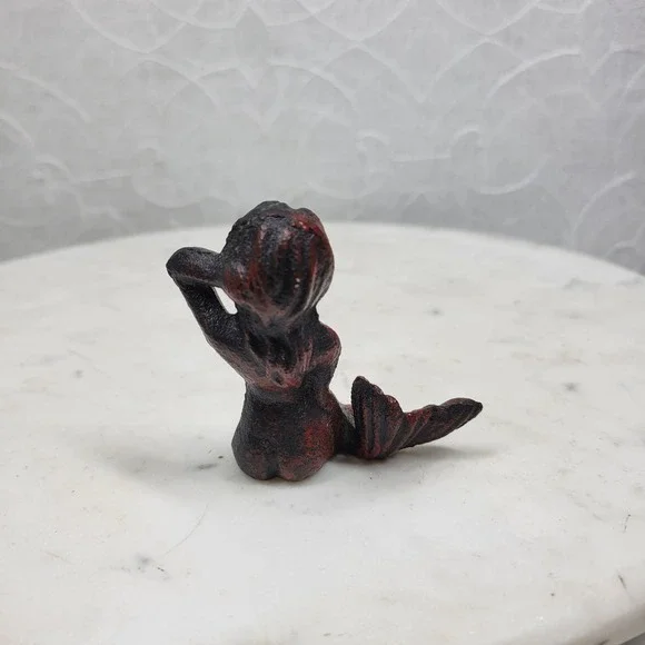 Vintage Heavy Cast Iron Mermaid Figurine 2.5" Nautical Coastal Decor Whimsigoth - Picture 5 of 10
